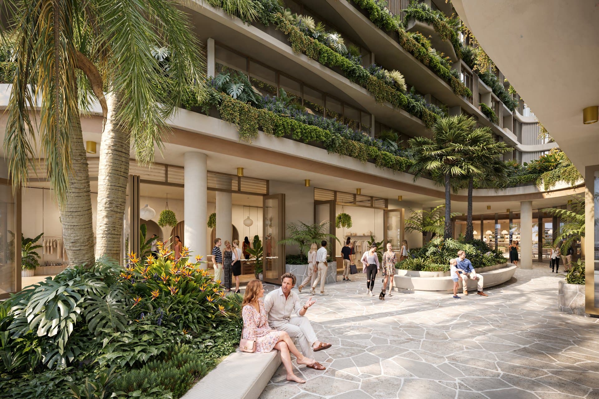 Soleira retail precinct courtyard with tropical gardens and activated ground plane
