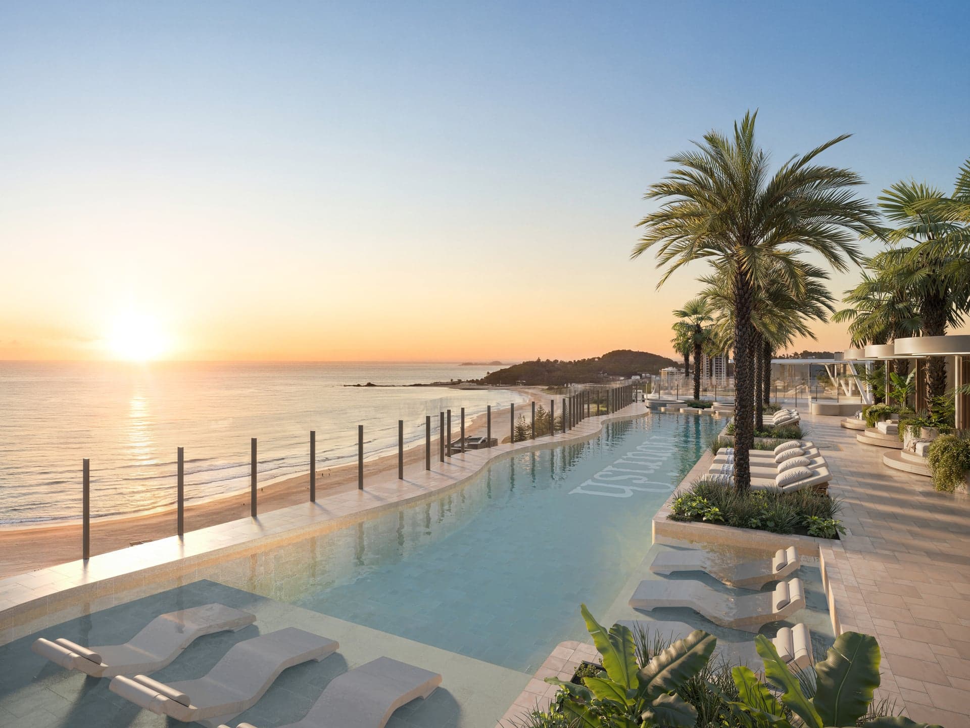 Soleira rooftop pool at sunset, looking south along Palm Beach