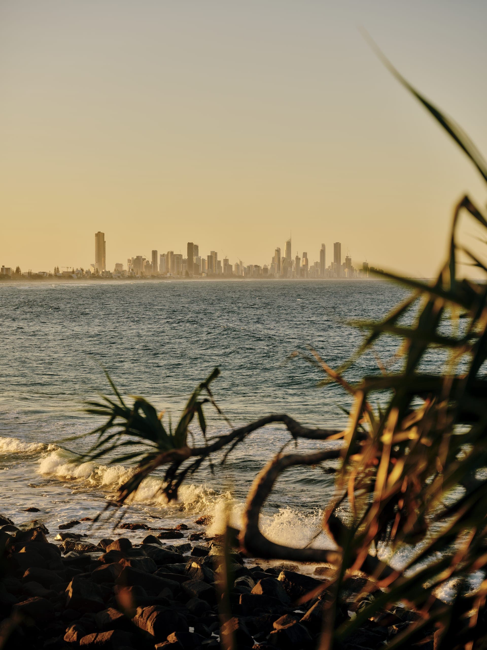 Palm Beach foreshore looking north toward the Surfers Paradise skyline at golden hour
